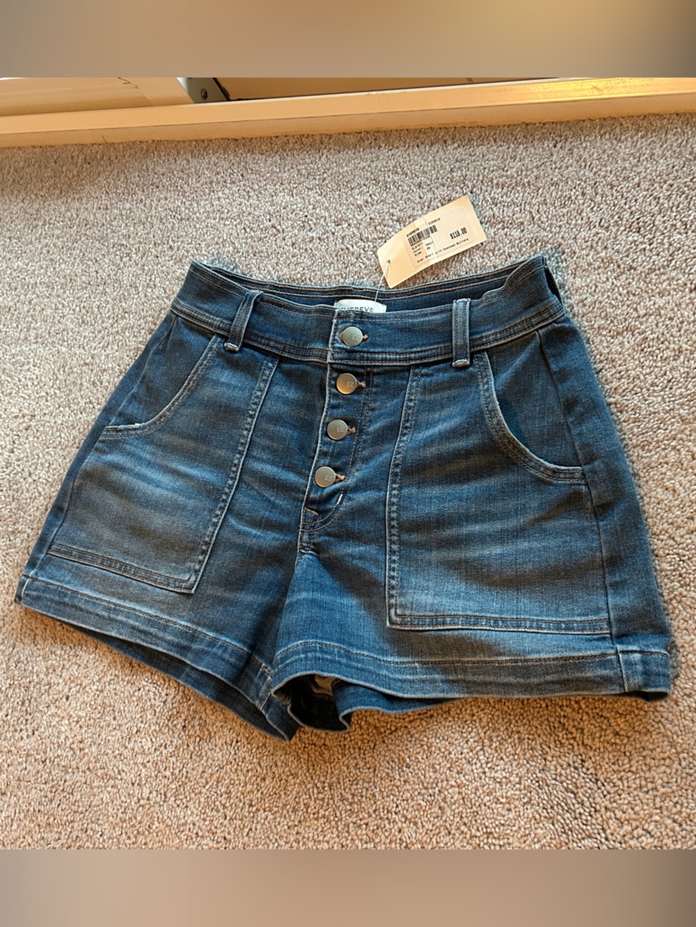 Evereve Dark Blue High-Rise Button-Front Denim Shorts